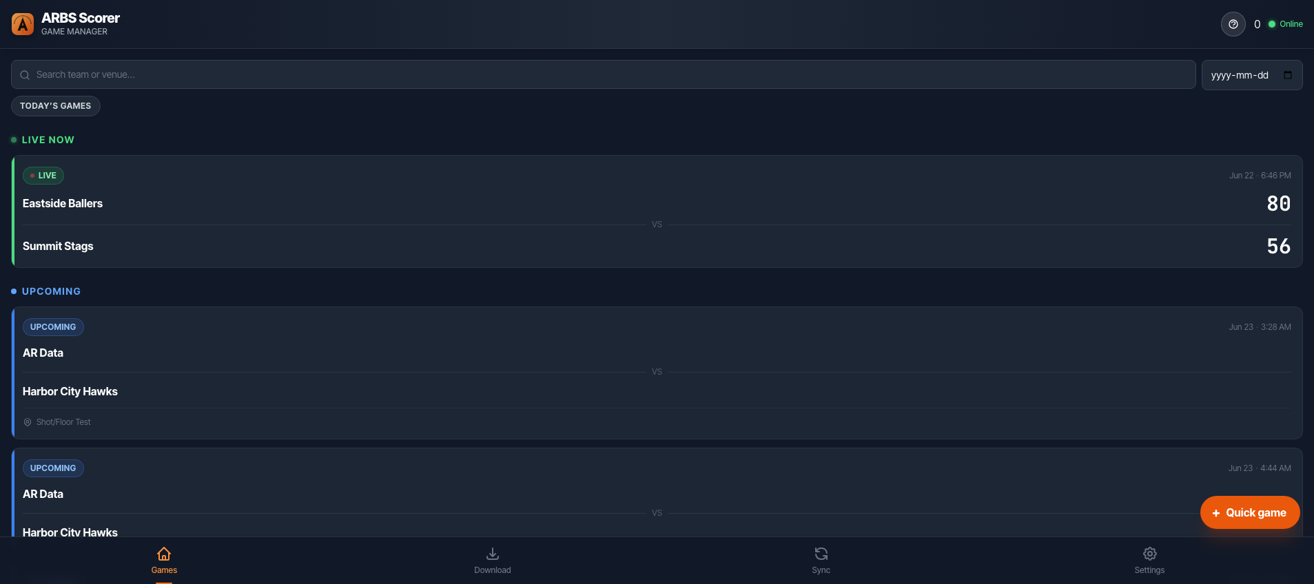 Scorer game list showing Live Now and Upcoming games